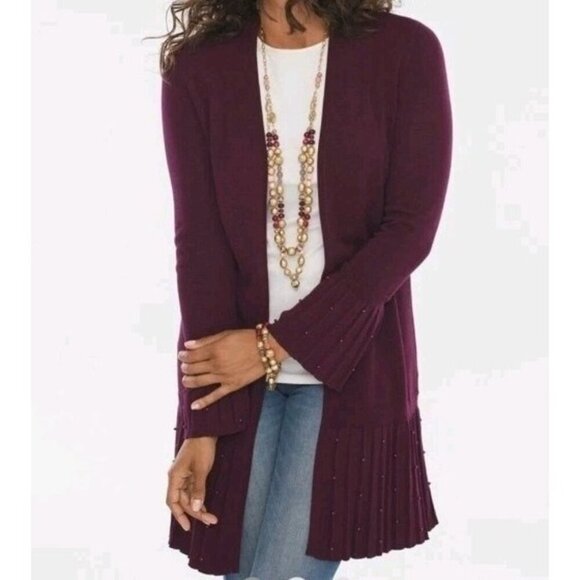 Chicos Pleated Faux Pearl Cardigan Maroon Large Flared Sleeves Open Front - Picture 1 of 10